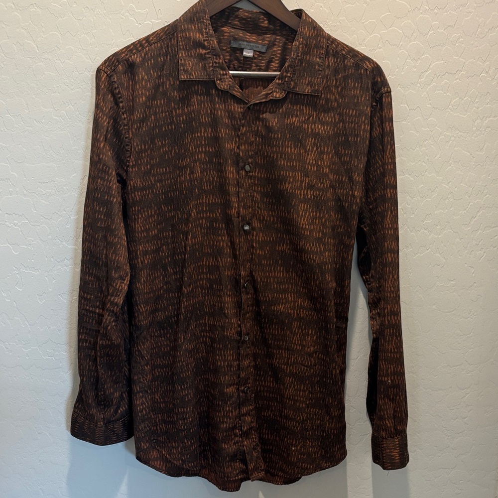 John Varvatos Brown and Black Patterned Casual Button-Down Shirt